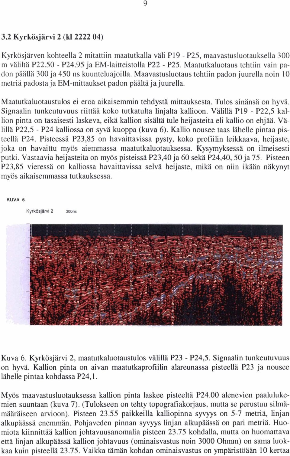 Maatutkaluotaustulos ei eroa aikaisemmin tehdystä mittauksesta. Tulos sinänsä on hyva. Signaalin tunkeutuvuus riittää koko tutkatulta linjalta kallioon.