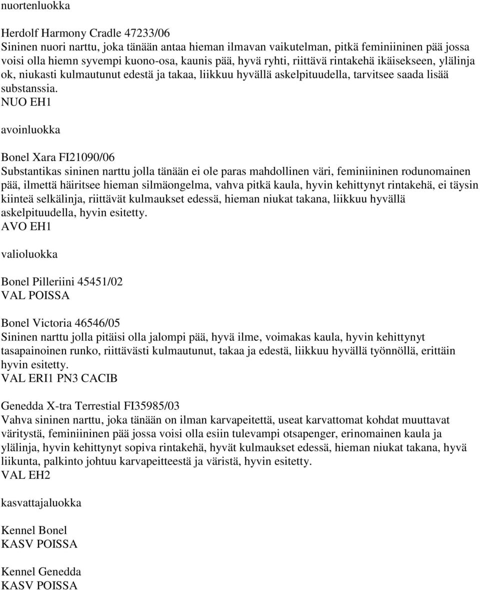 NUO EH1 Bonel Xara FI21090/06 Substantikas sininen narttu jolla tänään ei ole paras mahdollinen väri, feminiininen rodunomainen pää, ilmettä häiritsee hieman silmäongelma, vahva pitkä kaula, hyvin