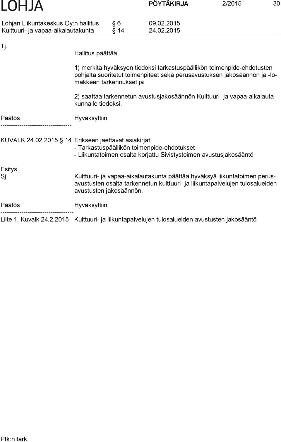 saattaa tarkennetun avustusjakosäännön Kulttuuri- ja va paa-ai ka lau takun nal le tiedoksi. ---------------------------------- Hyväksyttiin. KUVALK 24.02.