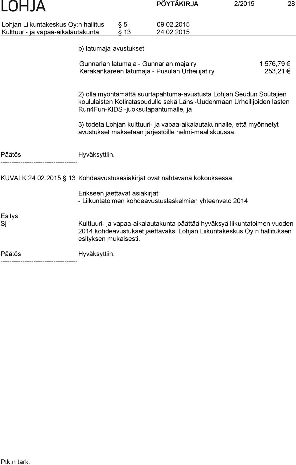 2015 b) latumaja-avustukset Gunnarlan latumaja - Gunnarlan maja ry 1 576,79 Keräkankareen latumaja - Pusulan Urheilijat ry 253,21 2) olla myöntämättä suurtapahtuma-avustusta Lohjan Seudun Soutajien