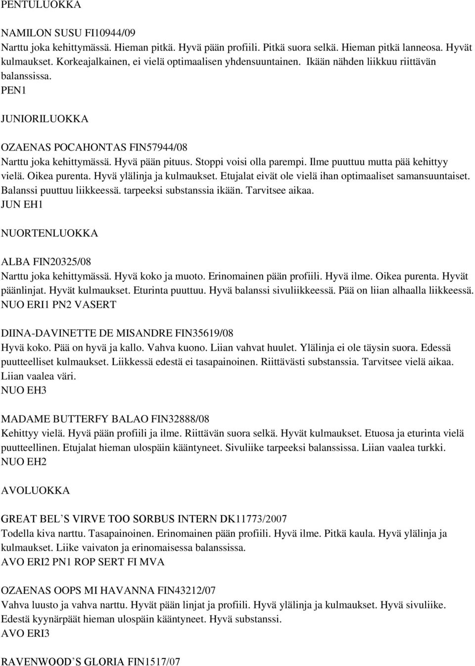 Stoppi voisi olla parempi. Ilme puuttuu mutta pää kehittyy vielä. Oikea purenta. Hyvä ylälinja ja kulmaukset. Etujalat eivät ole vielä ihan optimaaliset samansuuntaiset. Balanssi puuttuu liikkeessä.