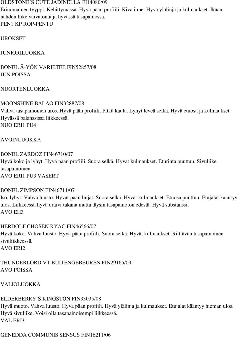 Hyvä etuosa ja kulmaukset. Hyvässä balanssissa liikkeessä. NUO ERI1 PU4 BONEL ZARDOZ FIN46710/07 Hyvä koko ja lyhyt. Hyvä pään profiili. Suora selkä. Hyvät kulmaukset. Eturinta puuttuu.