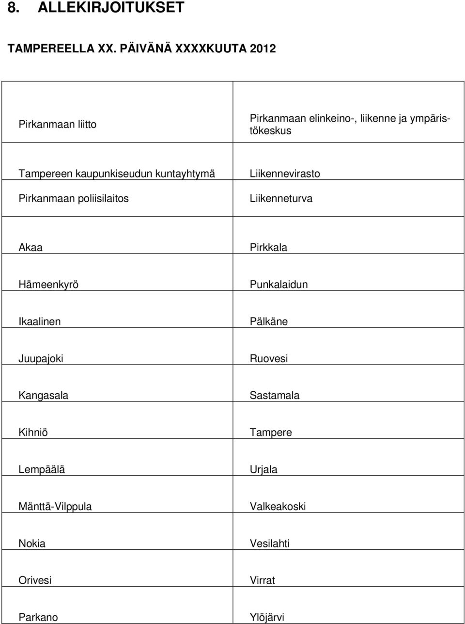 kaupunkiseudun kuntayhtymä Pirkanmaan poliisilaitos Liikennevirasto Liikenneturva Akaa Pirkkala