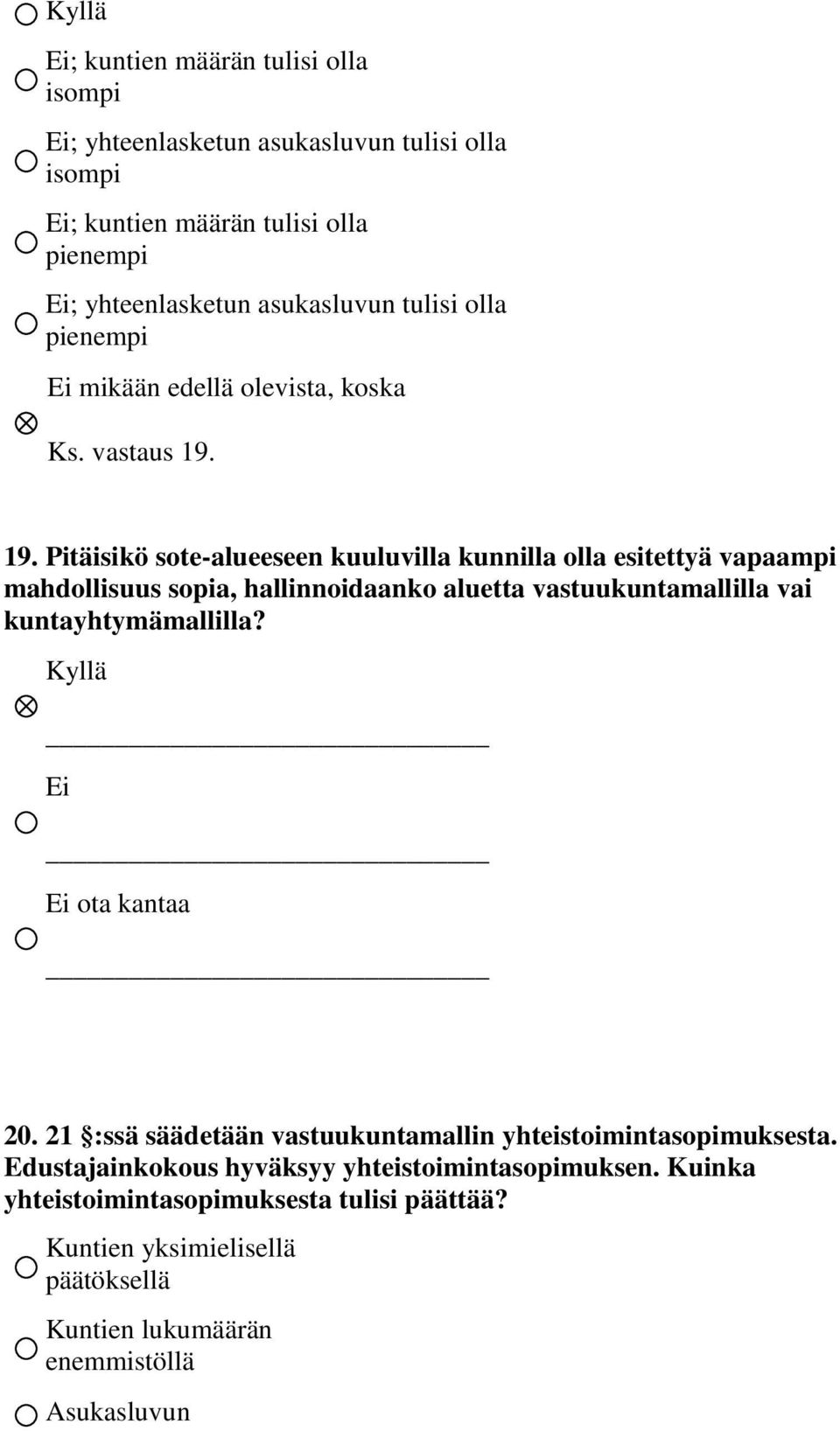 19. Pitäisikö sote-alueeseen kuuluvilla kunnilla olla esitettyä vapaampi mahdollisuus sopia, hallinnoidaanko aluetta vastuukuntamallilla vai