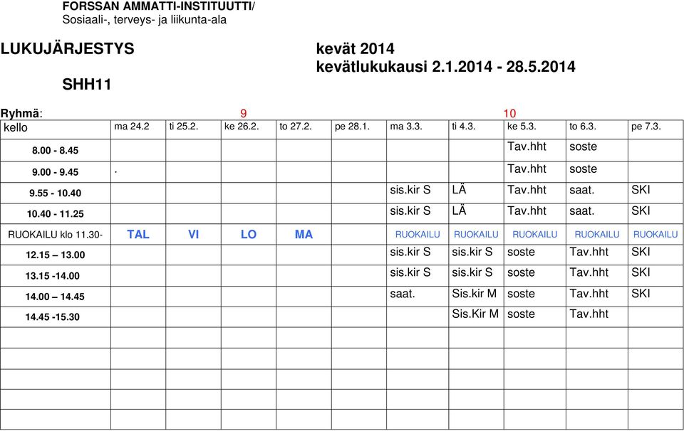 30- TAL VI LO MA RUOKAILU RUOKAILU RUOKAILU RUOKAILU RUOKAILU 12.15 13.00 sis.kir S sis.kir S soste Tav.hht SKI 13.15-14.
