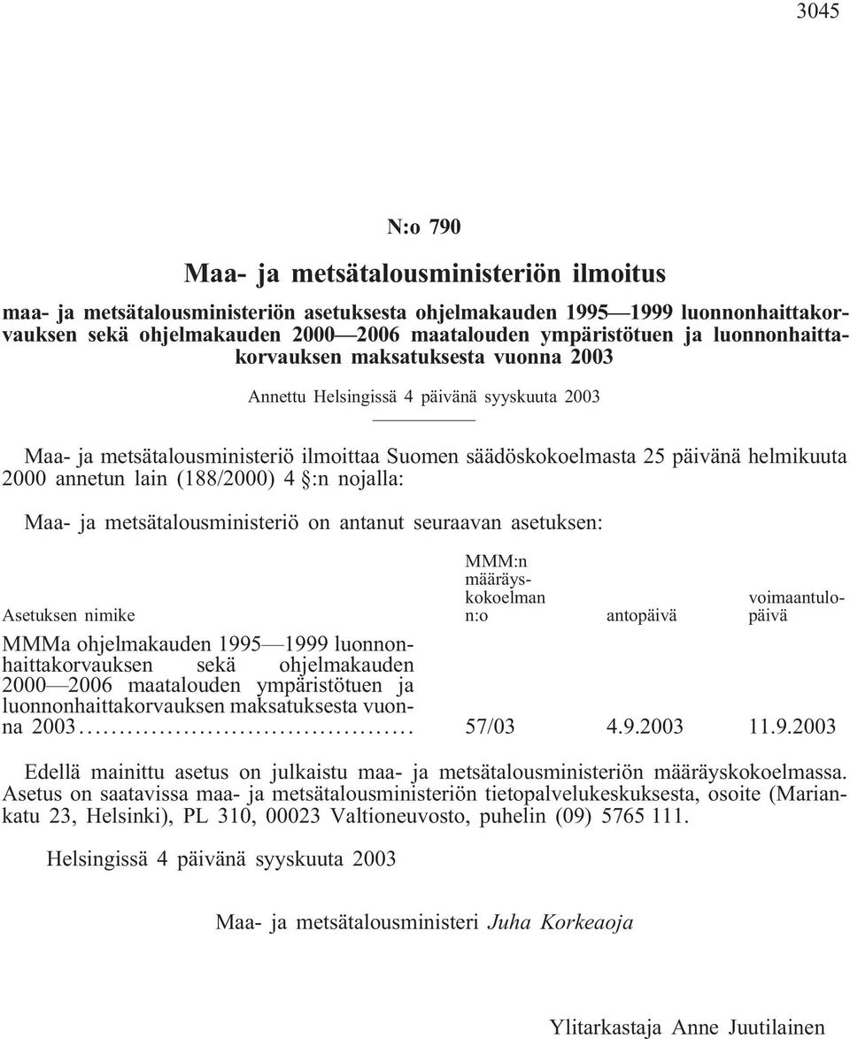 lain (188/2000) 4 :n nojalla: Maa- ja metsätalousministeriö on antanut seuraavan asetuksen: MMM:n määräyskokoelman n:o voimaantulopäivä Asetuksen nimike antopäivä MMMa ohjelmakauden 1995 1999