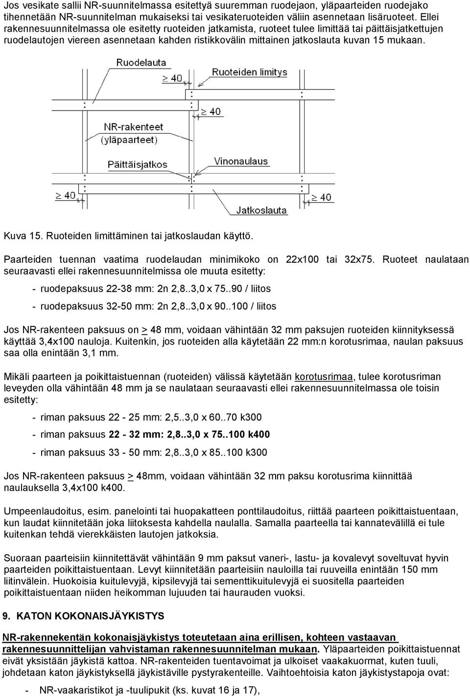 mukaan. Kuva 15. Ruoteiden limittäminen tai jatkoslaudan käyttö. Paarteiden tuennan vaatima ruodelaudan minimikoko on 22x100 tai 32x75.