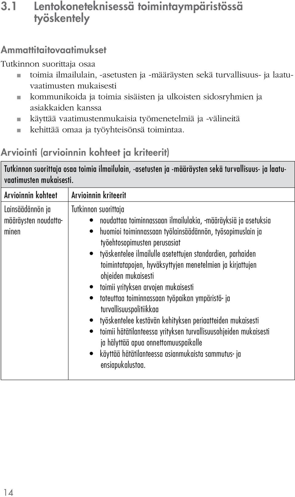 Arviointi (arvioinnin kohteet ja kriteerit) osaa toimia ilmailulain, -asetusten ja -määräysten sekä turvallisuus- ja laatuvaatimusten mukaisesti.