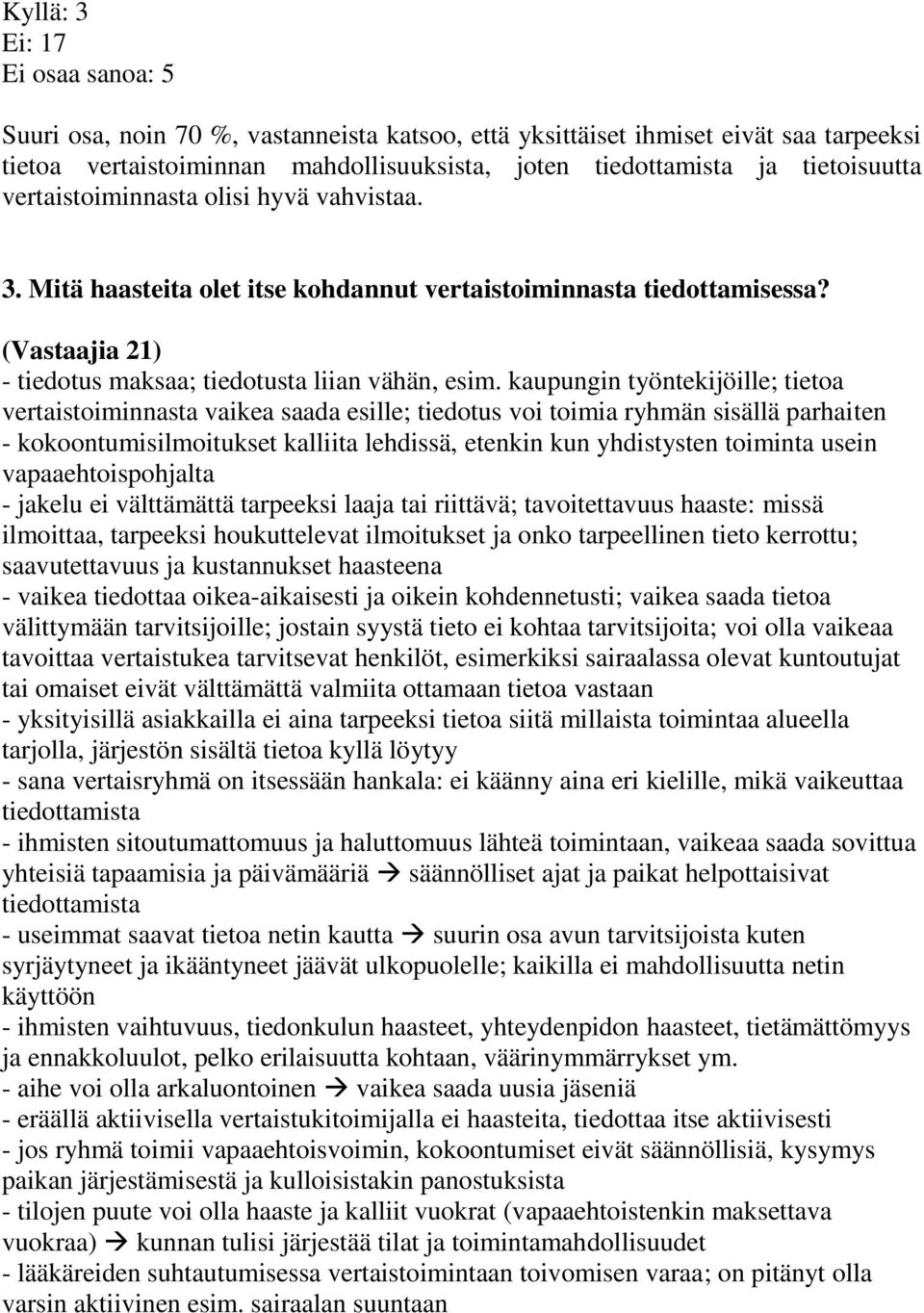 kaupungin työntekijöille; tietoa vertaistoiminnasta vaikea saada esille; tiedotus voi toimia ryhmän sisällä parhaiten - kokoontumisilmoitukset kalliita lehdissä, etenkin kun yhdistysten toiminta