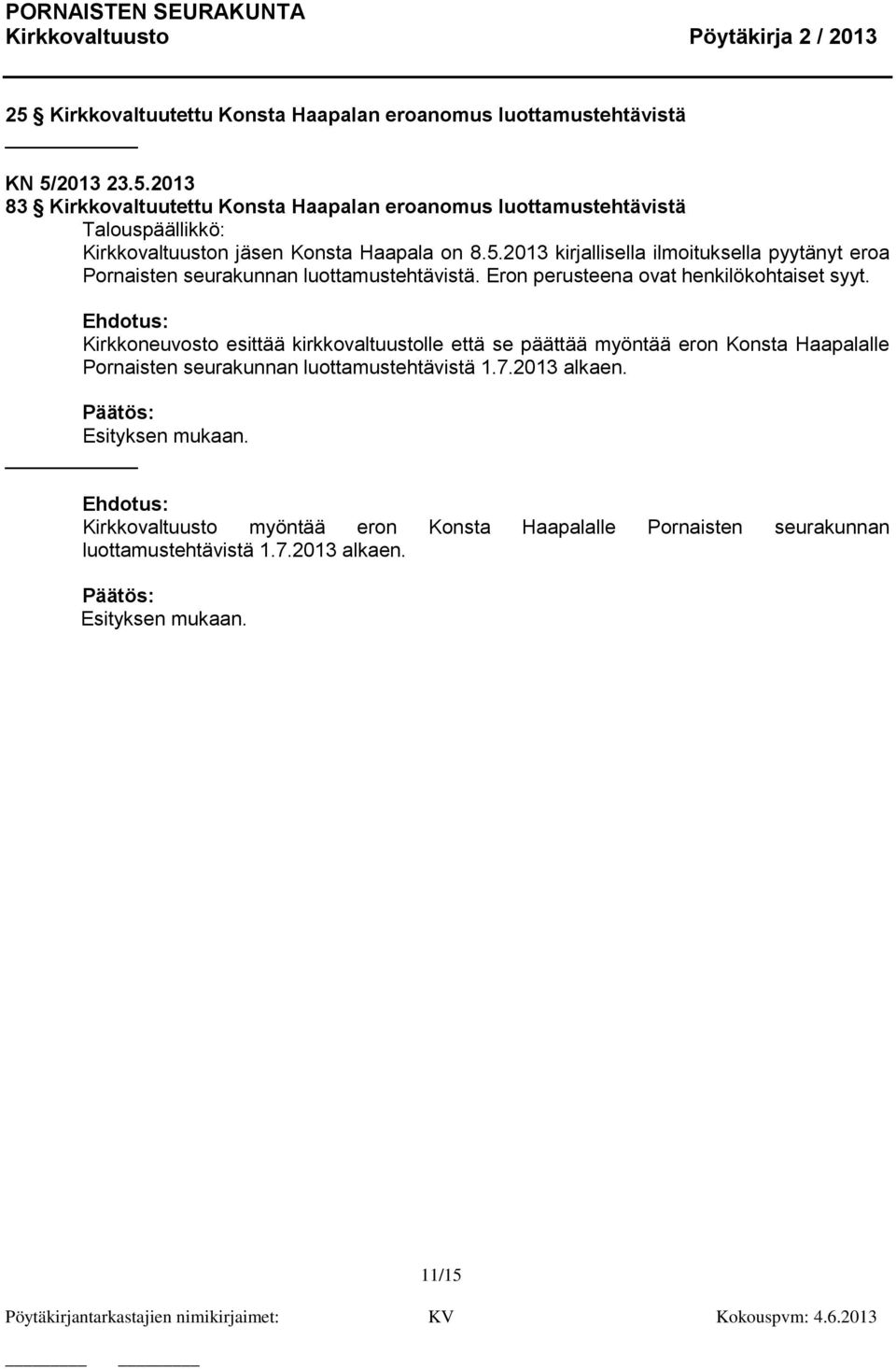 Kirkkoneuvosto esittää kirkkovaltuustolle että se päättää myöntää eron Konsta Haapalalle Pornaisten seurakunnan luottamustehtävistä 1.7.2013 alkaen.