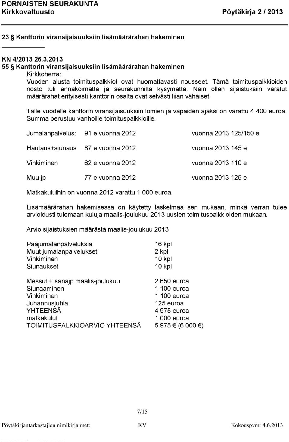 Tälle vuodelle kanttorin viransijaisuuksiin lomien ja vapaiden ajaksi on varattu 4 400 euroa. Summa perustuu vanhoille toimituspalkkioille.