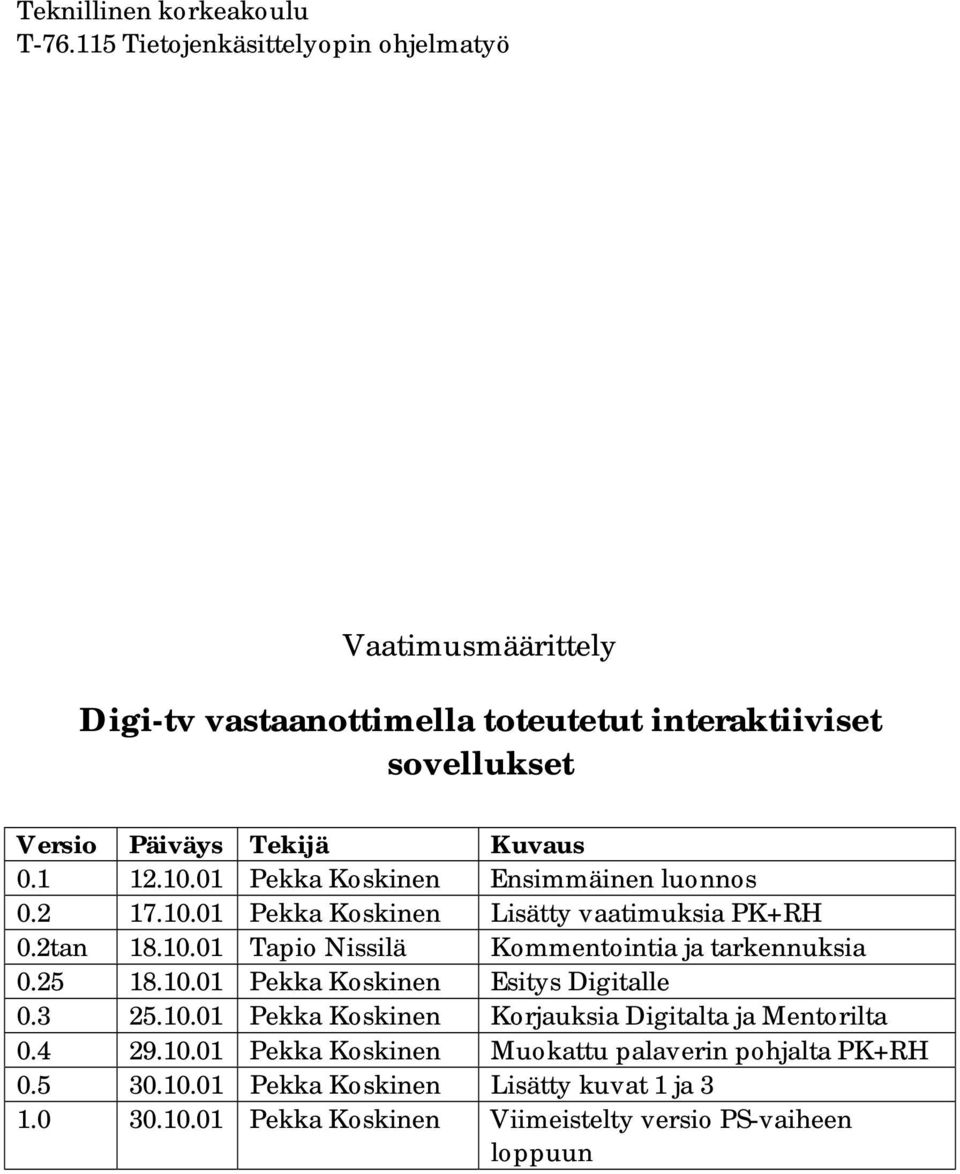 25 18.10.01 Pekka Koskinen Esitys Digitalle 0.3 25.10.01 Pekka Koskinen Korjauksia Digitalta ja Mentorilta 0.4 29.10.01 Pekka Koskinen Muokattu palaverin pohjalta PK+RH 0.