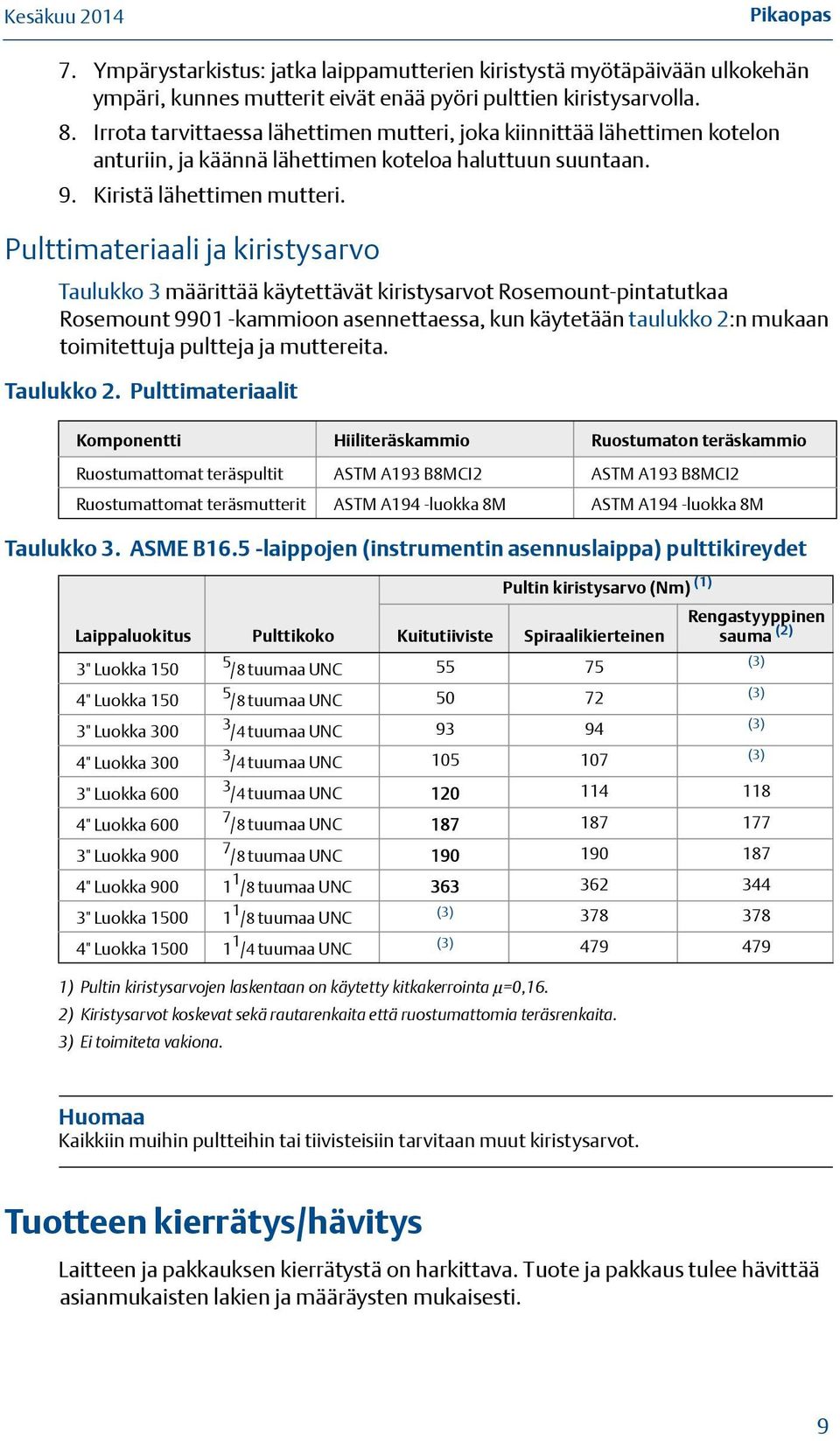 Pulttimateriaali ja kiristysarvo Taulukko 3 määrittää käytettävät kiristysarvot Rosemount-pintatutkaa Rosemount 9901 -kammioon asennettaessa, kun käytetään taulukko 2:n mukaan toimitettuja pultteja