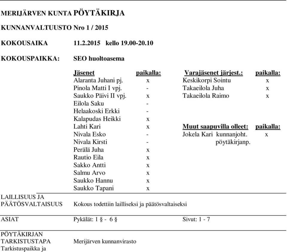 Takaeilola Raimo Eilola Saku - Helaakoski Erkki - Kalapudas Heikki Lahti Kari Muut saapuvilla olleet: paikalla: Nivala Esko - Jokela Kari kunnanjoht. Nivala Kirsti - pöytäkirjanp.