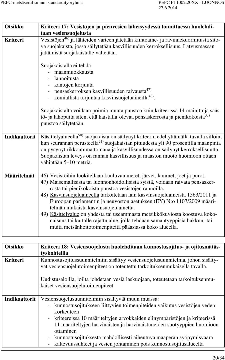 Suojakaistalla ei tehdä - maanmuokkausta - lannoitusta - kantojen korjuuta - pensaskerroksen kasvillisuuden raivausta 47) - kemiallista torjuntaa kasvinsuojeluaineilla 48).