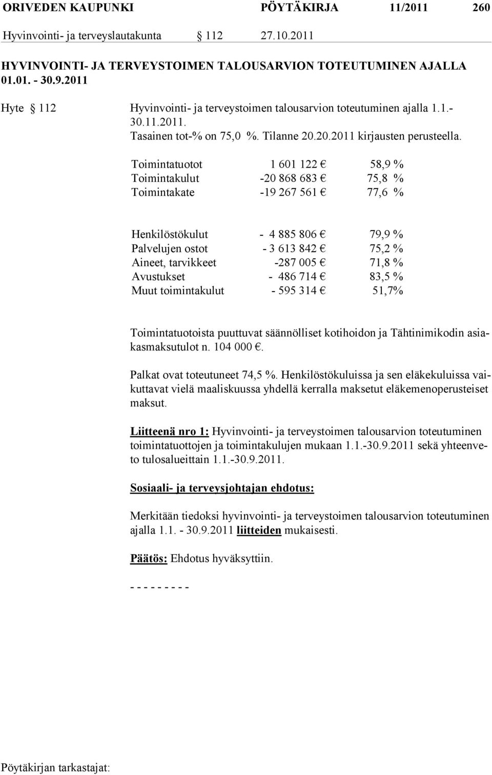 Toimintatuotot 1 601 122 58,9 % Toimintakulut -20 868 683 75,8 % Toimintakate -19 267 561 77,6 % Henkilöstökulut - 4 885 806 79,9 % Palvelujen ostot - 3 613 842 75,2 % Aineet, tarvikkeet -287 005