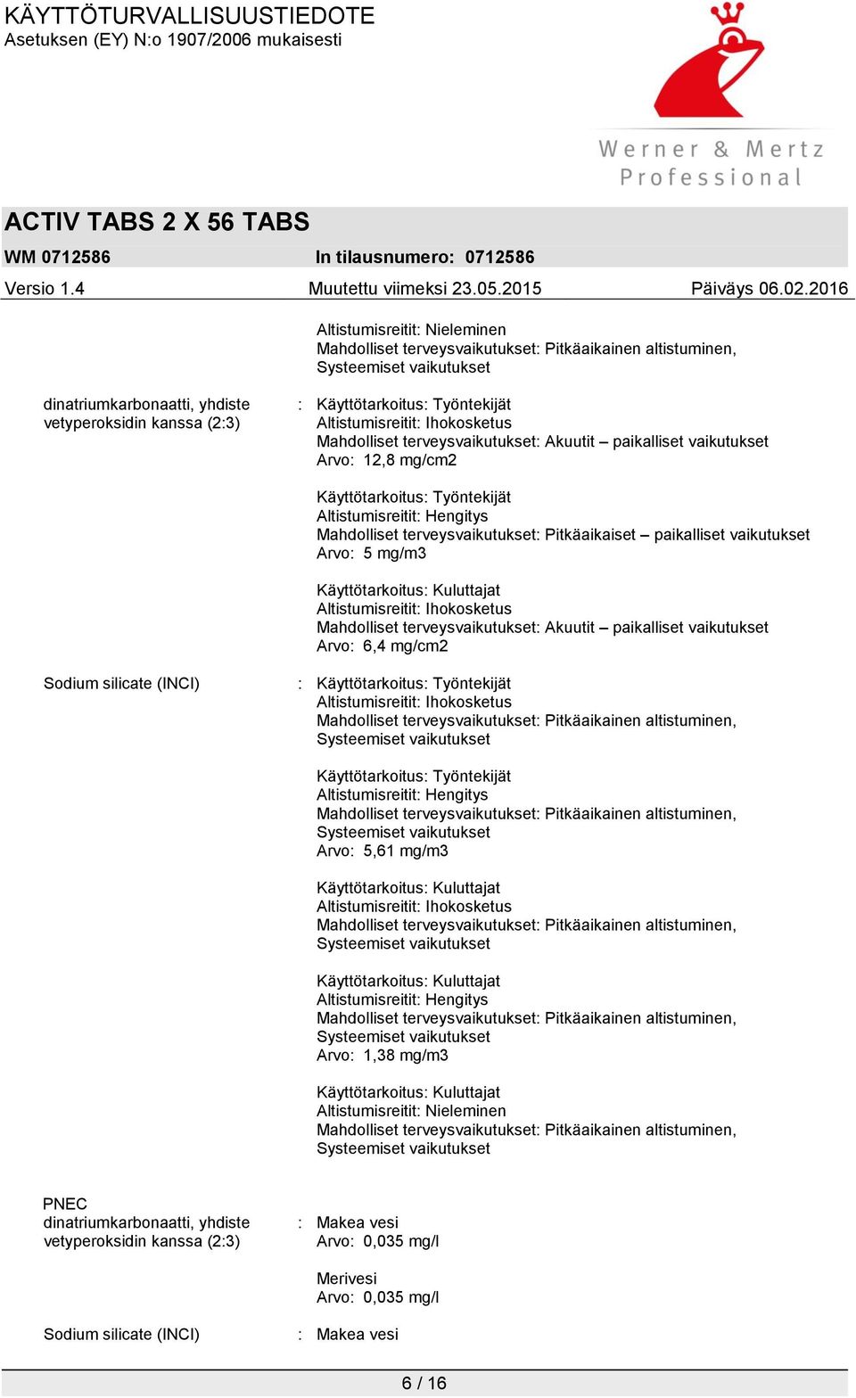 Altistumisreitit: Ihokosketus Mahdolliset terveysvaikutukset: Akuutit paikalliset vaikutukset Arvo: 6,4 mg/cm2 Sodium silicate (INCI) : Käyttötarkoitus: Työntekijät Altistumisreitit: Ihokosketus