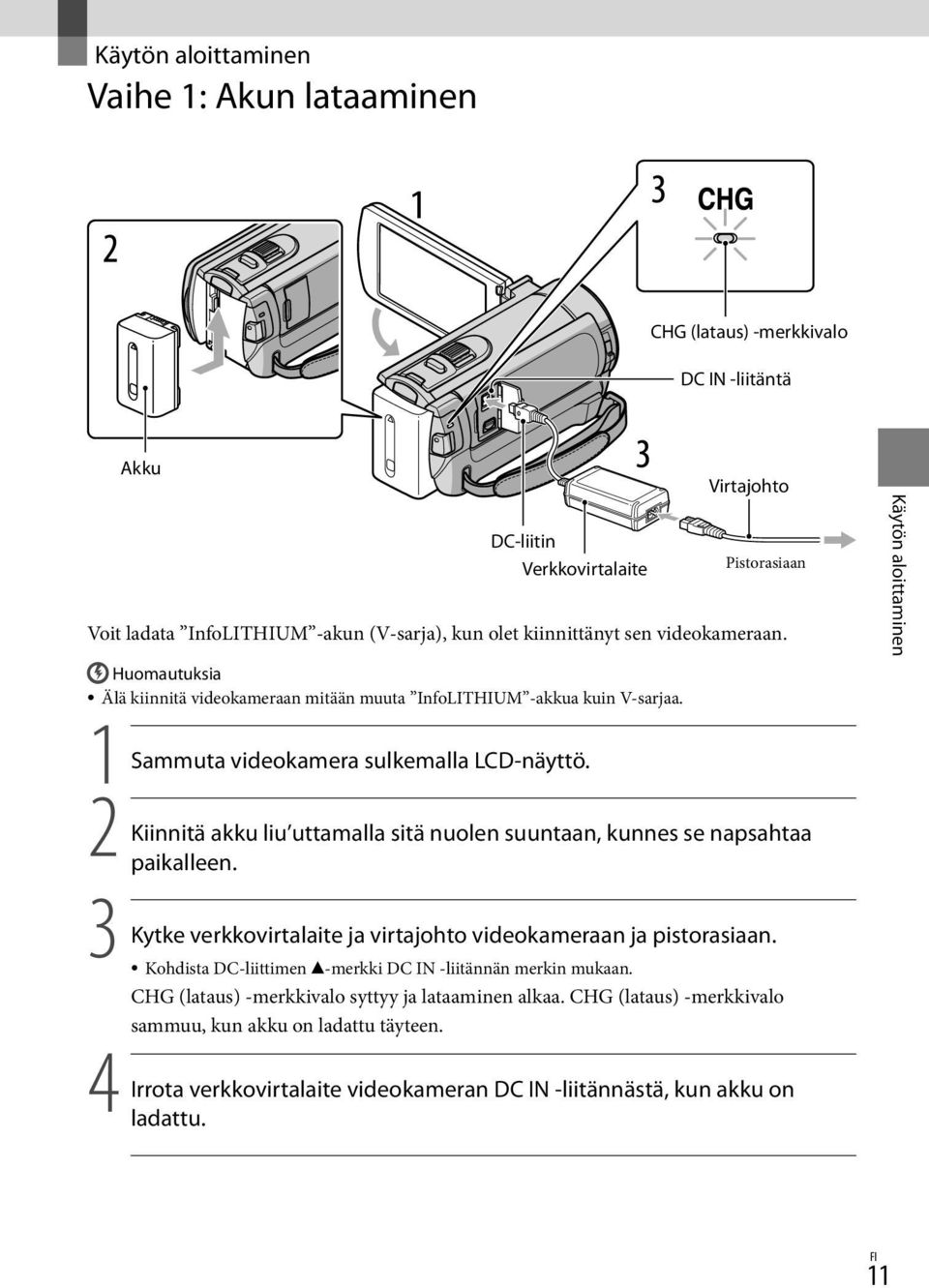 2 Kiinnitä akku liu uttamalla sitä nuolen suuntaan, kunnes se napsahtaa paikalleen. 3 Kytke verkkovirtalaite ja virtajohto videokameraan ja pistorasiaan.