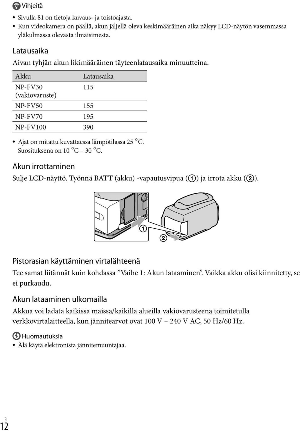 Suosituksena on 10 C 30 C. Akun irrottaminen Sulje LCD-näyttö. Työnnä BATT (akku) -vapautusvipua () ja irrota akku ().