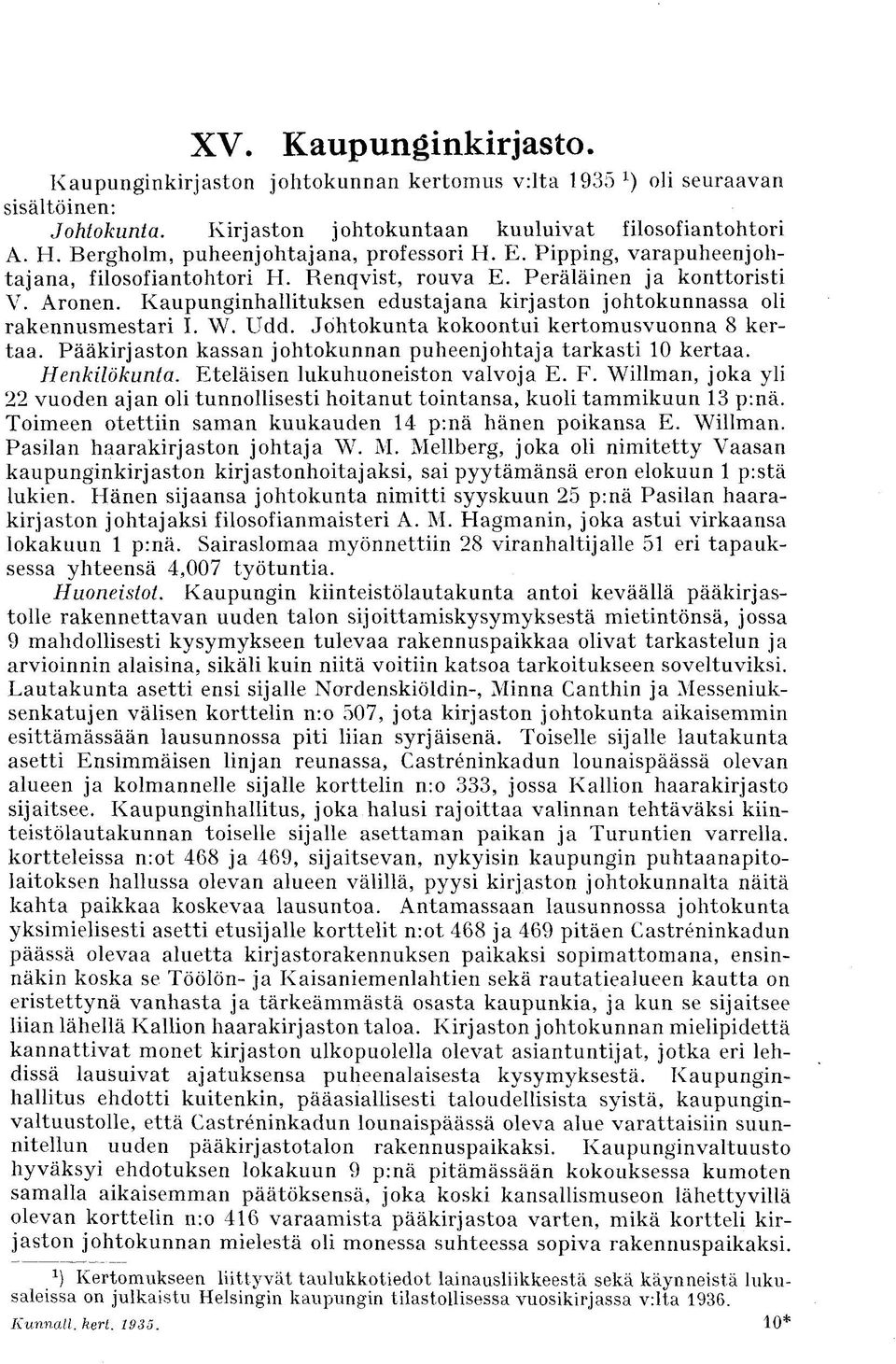 Kaupunginhallituksen edustajana kirjaston johtokunnassa oli rakennusmestari I. W. Udd. Johtokunta kokoontui kertomusvuonna 8 kertaa. Pääkirjaston kassan johtokunnan puheenjohtaja tarkasti 10 kertaa.