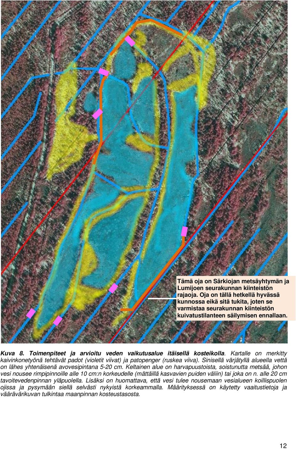 Toimenpiteet ja arvioitu veden vaikutusalue itäisellä kosteikolla. Kartalle on merkitty kaivinkonetyönä tehtävät padot (violetit viivat) ja patopenger (ruskea viiva).