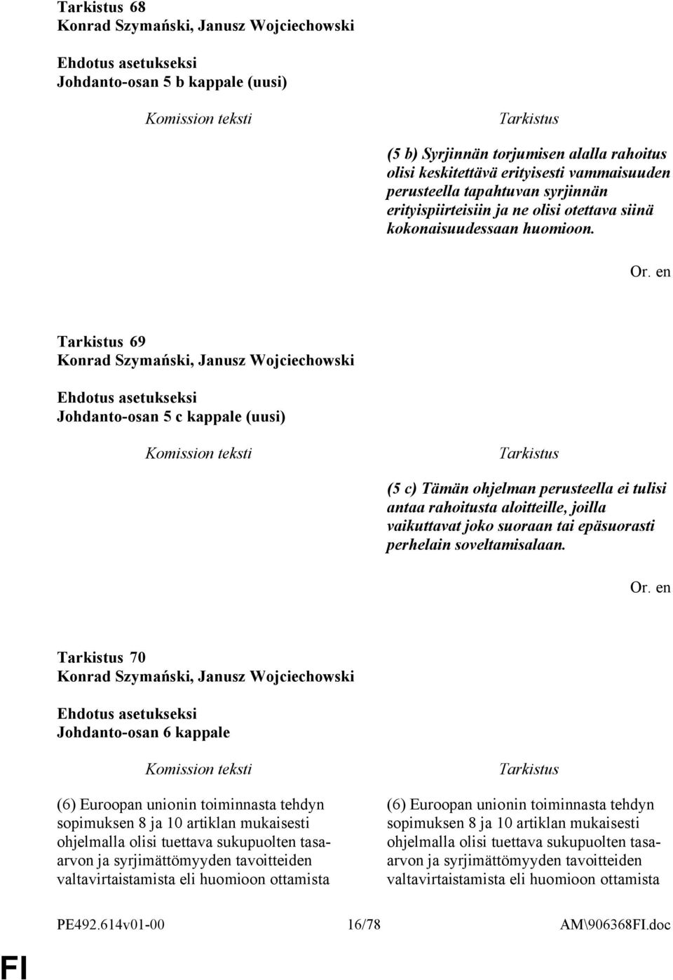 69 Konrad Szymański, Janusz Wojciechowski Johdanto-osan 5 c kappale (uusi) (5 c) Tämän ohjelman perusteella ei tulisi antaa rahoitusta aloitteille, joilla vaikuttavat joko suoraan tai epäsuorasti