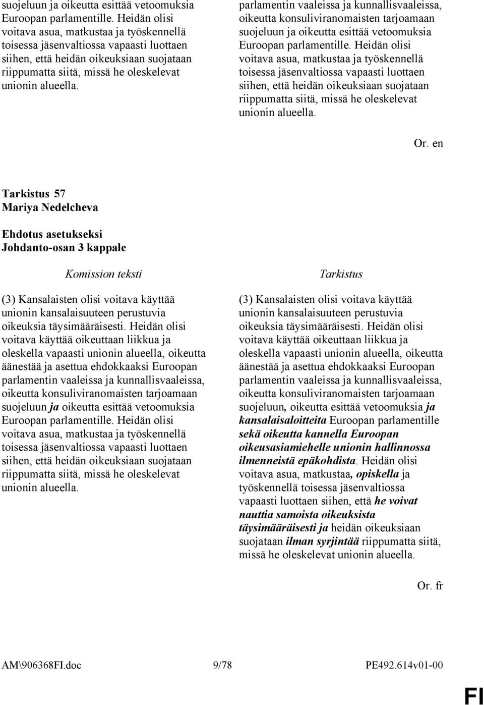 parlamentin vaaleissa ja kunnallisvaaleissa, oikeutta konsuliviranomaisten tarjoamaan   57 Mariya Nedelcheva Johdanto-osan 3 kappale (3) Kansalaisten olisi voitava käyttää unionin kansalaisuuteen