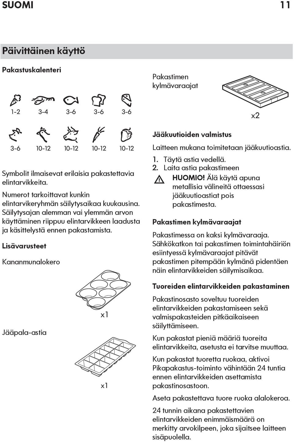 Lisävarusteet Kananmunalokero Jääkuutioiden valmistus Laitteen mukana toimitetaan jääkuutioastia. 1. Täytä astia vedellä. 2. Laita astia pakastimeen HUOMIO!