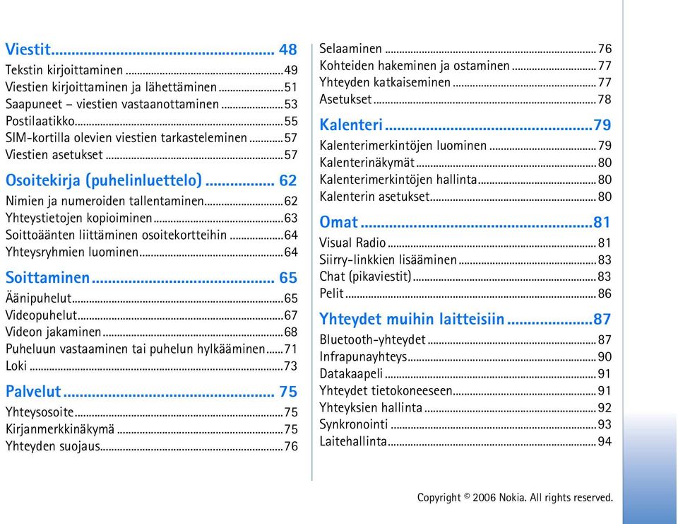 ..64 Yhteysryhmien luominen...64 Soittaminen... 65 Äänipuhelut...65 Videopuhelut...67 Videon jakaminen...68 Puheluun vastaaminen tai puhelun hylkääminen...71 Loki...73 Palvelut... 75 Yhteysosoite.