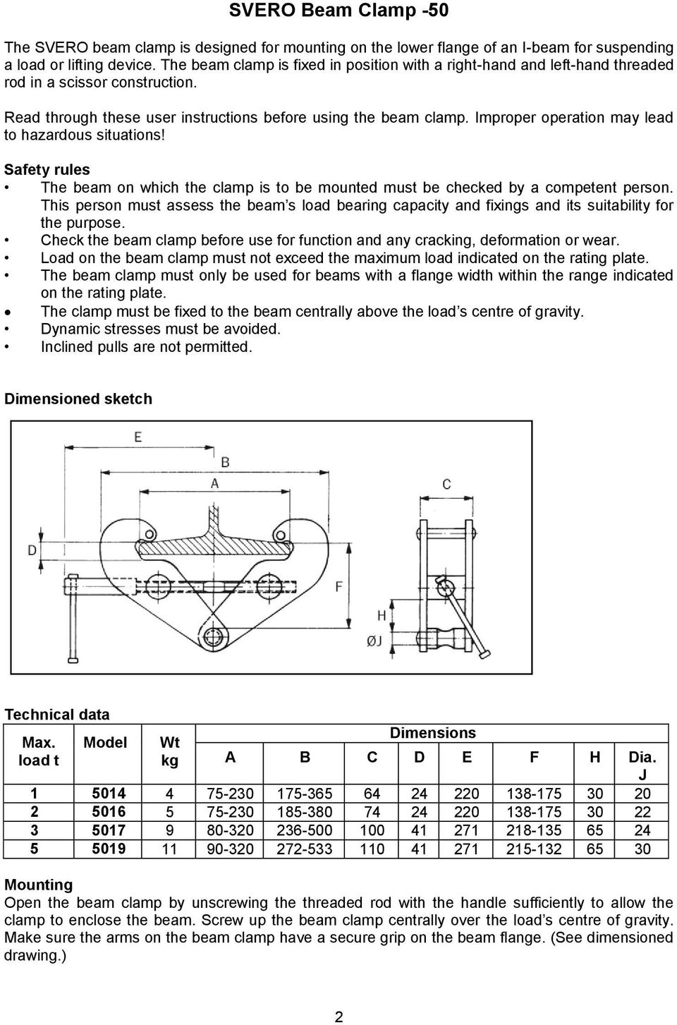 Improper operation may lead to hazardous situations! Safety rules The beam on which the clamp is to be mounted must be checked by a competent person.