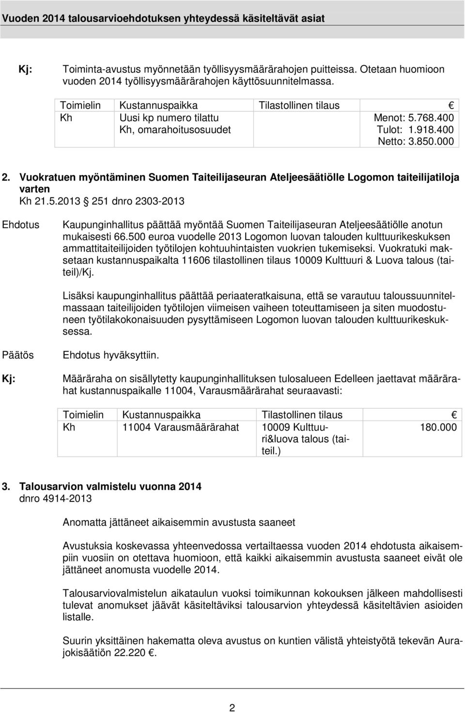 Vuokratuen myöntäminen Suomen Taiteilijaseuran Ateljeesäätiölle Logomon taiteilijatiloja varten Kh 21.5.