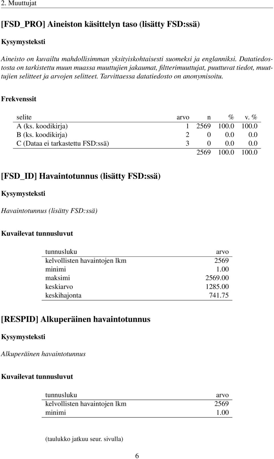 koodikirja) 1 B (ks. koodikirja) 2 0 0.0 0.0 C (Dataa ei tarkastettu FSD:ssä) 3 0 0.0 0.0 [FSD_ID] Havaintotunnus (lisätty FSD:ssä) Havaintotunnus (lisätty FSD:ssä) Kuvailevat tunnusluvut tunnusluku arvo kelvollisten havaintojen lkm 2569 minimi 1.