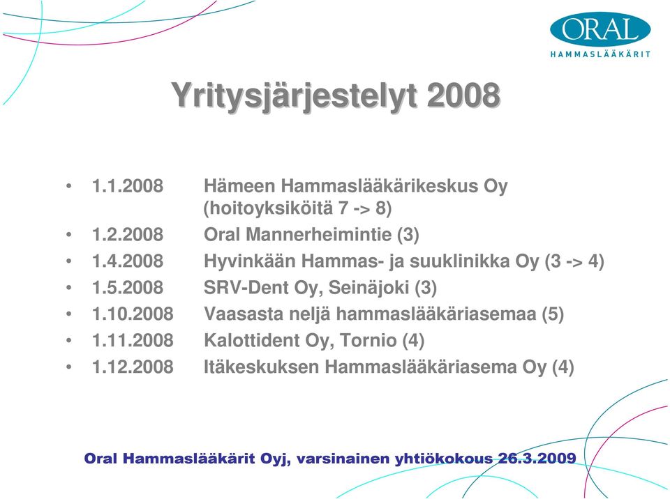 2008 Vaasasta neljä hammaslääkäriasemaa (5) 1.11.2008 Kalottident Oy, Tornio (4) 1.12.