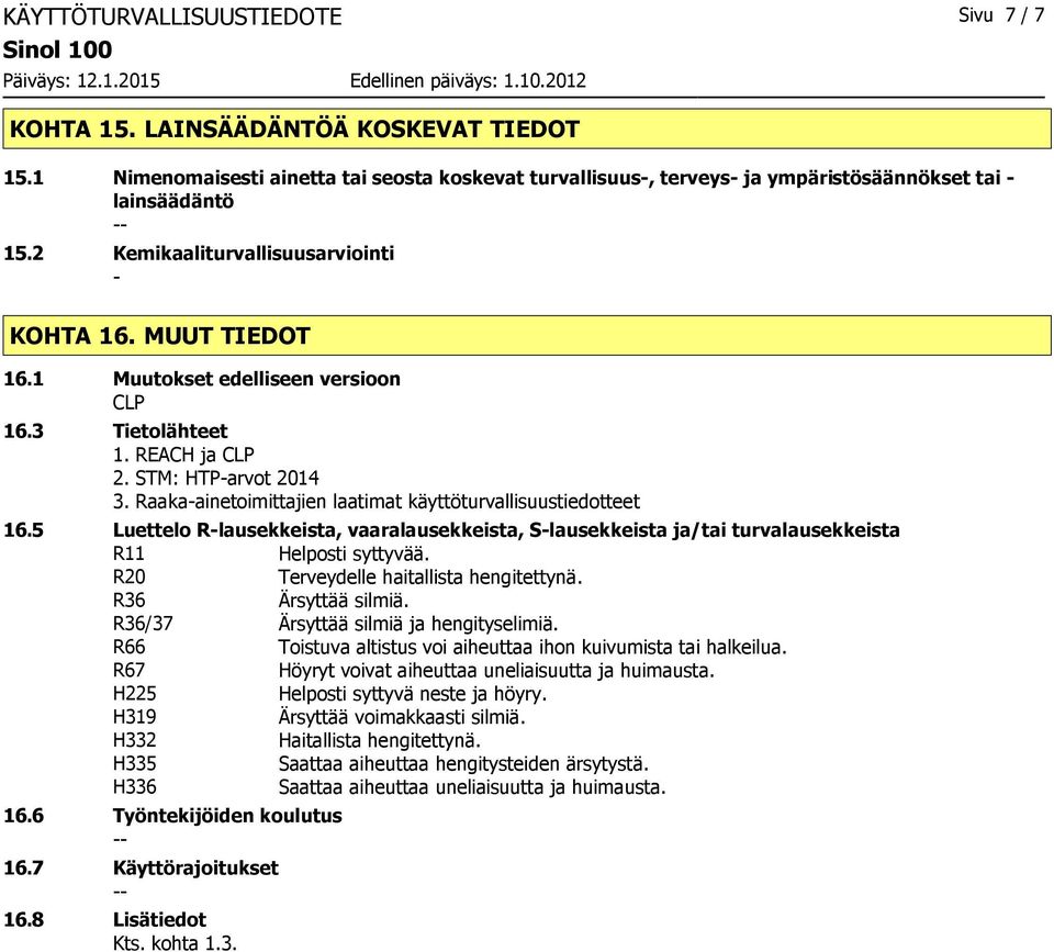 Raakaainetoimittajien laatimat käyttöturvallisuustiedotteet 16.5 Luettelo Rlausekkeista, vaaralausekkeista, Slausekkeista ja/tai turvalausekkeista R11 Helposti syttyvää.