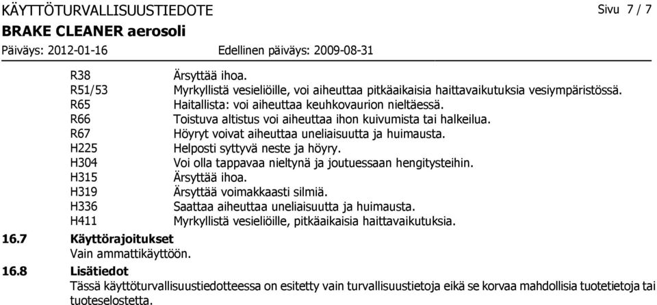 H225 Helposti syttyvä neste ja höyry. H304 Voi olla tappavaa nieltynä ja joutuessaan hengitysteihin. H315 Ärsyttää ihoa. H319 Ärsyttää voimakkaasti silmiä.