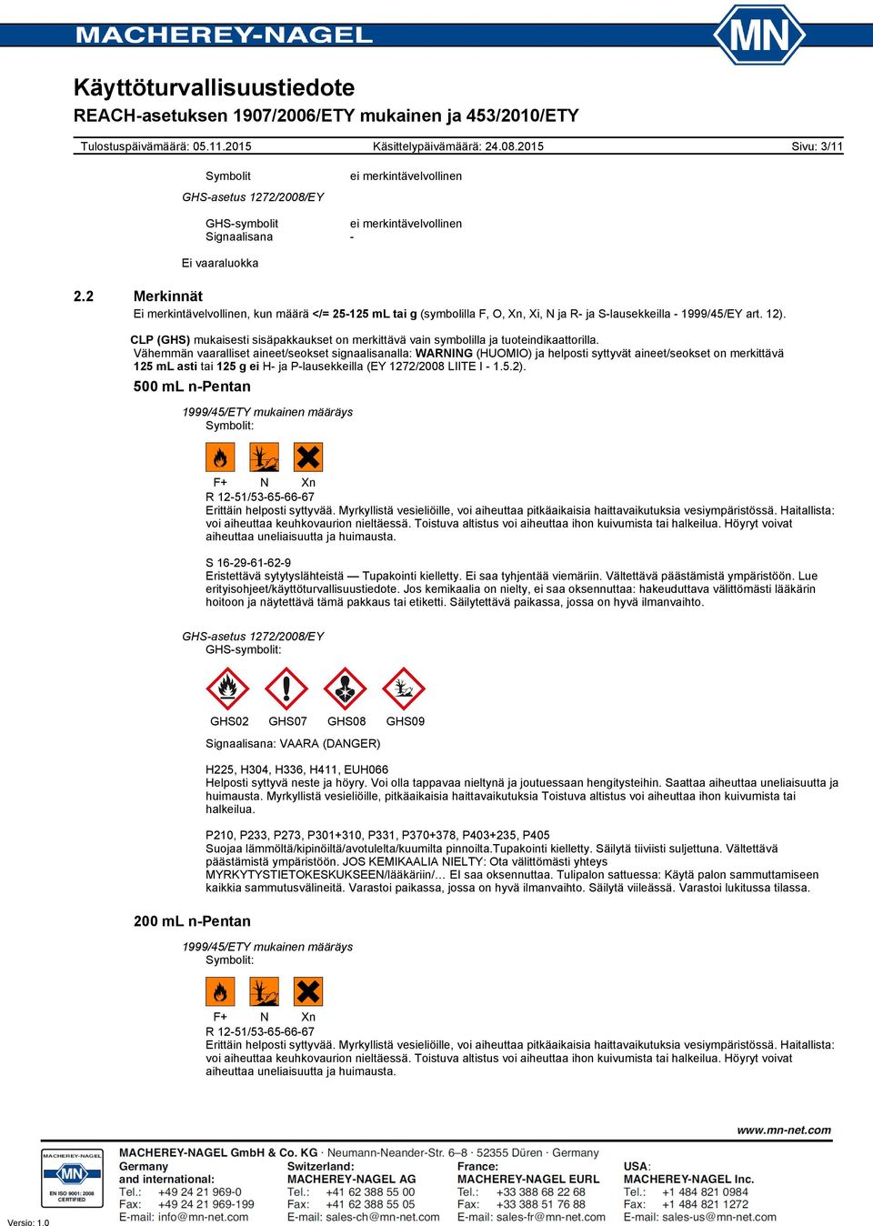 Vähemmän vaaralliset aineet/seokset signaalisanalla: WARNING (HUOMIO) ja helposti syttyvät aineet/seokset on merkittävä 125 ml asti tai 125 g ei H ja Plausekkeilla (EY 1272/2008 LIITE I 1.5.2).