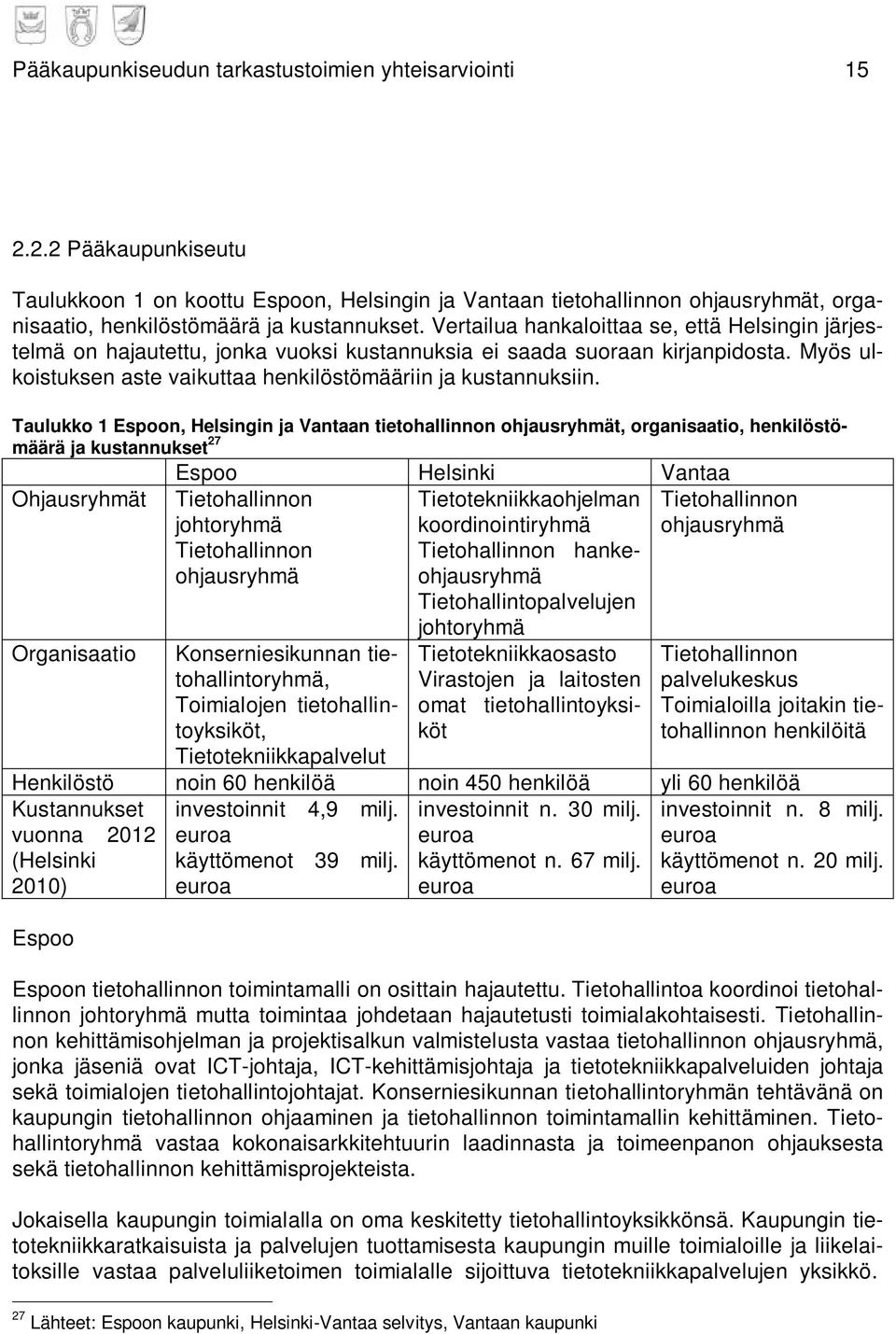 Vertailua hankaloittaa se, että Helsingin järjestelmä on hajautettu, jonka vuoksi kustannuksia ei saada suoraan kirjanpidosta. Myös ulkoistuksen aste vaikuttaa henkilöstömääriin ja kustannuksiin.