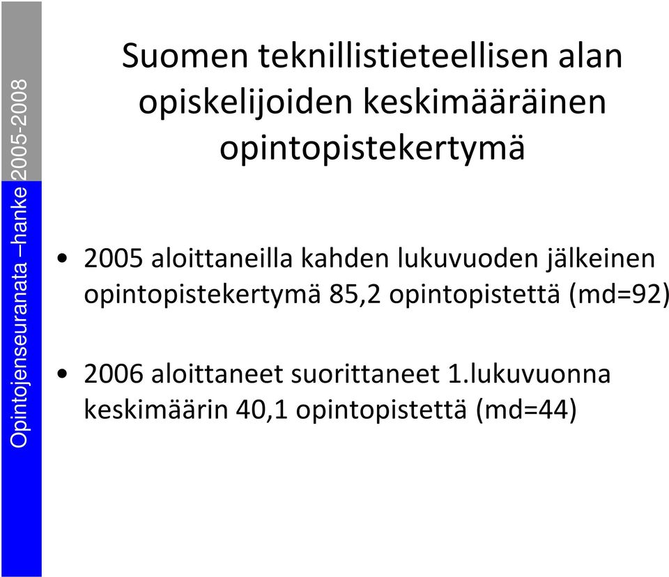 jälkeinen opintopistekertymä 85,2 opintopistettä (md=92) 2006