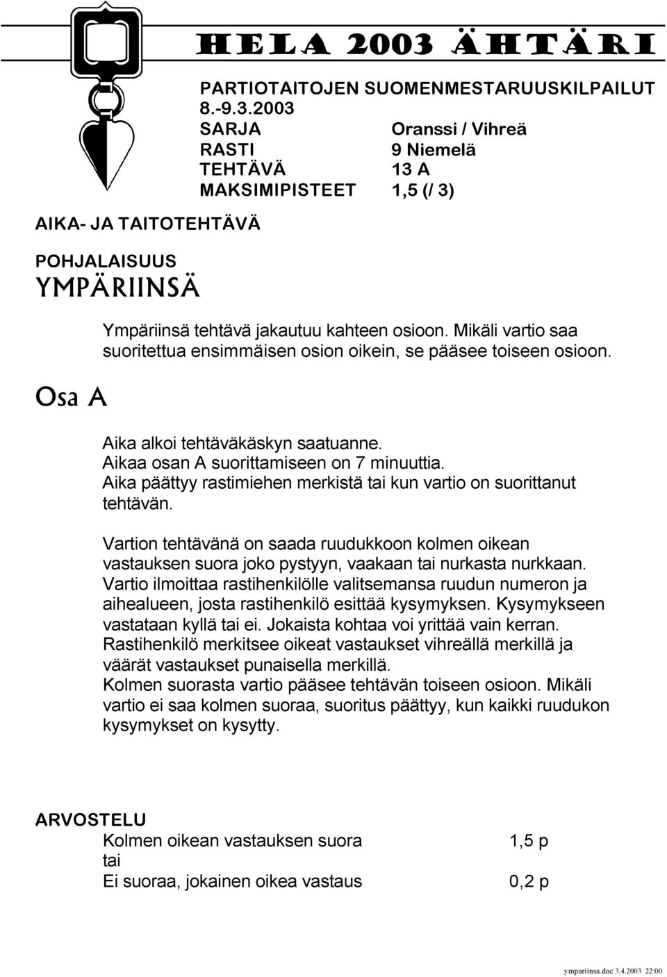 Aika päättyy rastimiehen merkistä tai kun vartio on suorittanut tehtävän. Vartion tehtävänä on saada ruudukkoon kolmen oikean vastauksen suora joko pystyyn, vaakaan tai nurkasta nurkkaan.