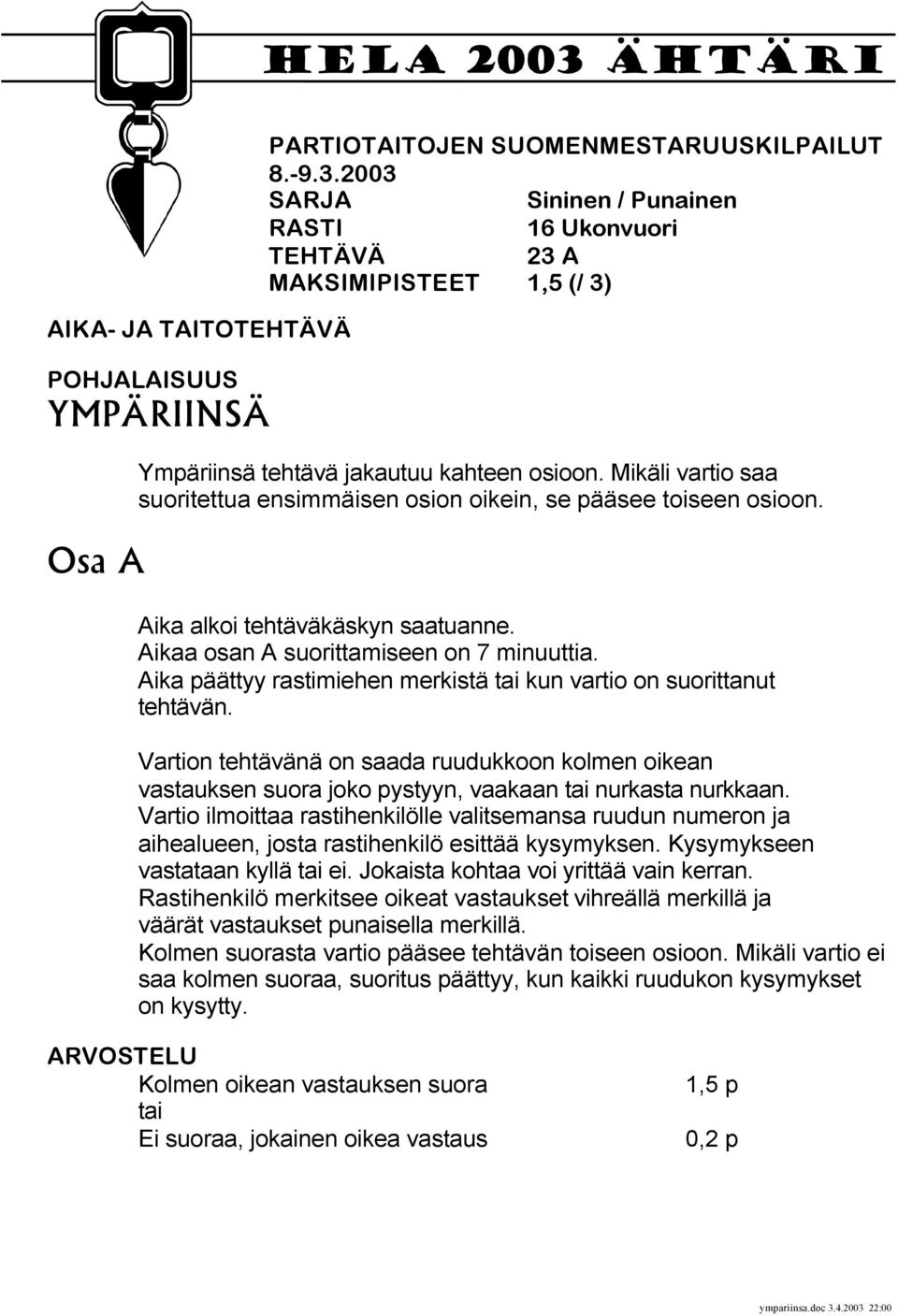 Aika päättyy rastimiehen merkistä tai kun vartio on suorittanut tehtävän. Vartion tehtävänä on saada ruudukkoon kolmen oikean vastauksen suora joko pystyyn, vaakaan tai nurkasta nurkkaan.