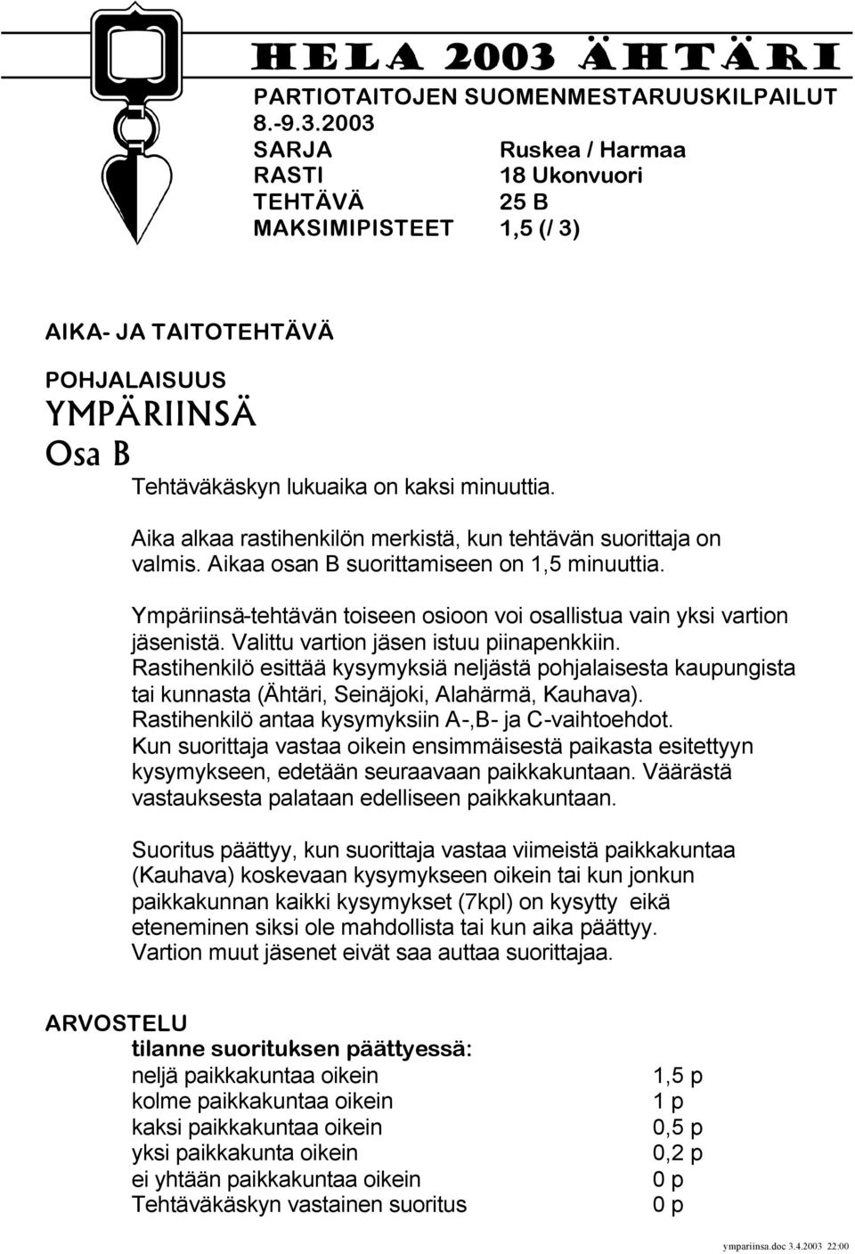 Valittu vartion jäsen istuu piinapenkkiin. Rastihenkilö esittää kysymyksiä neljästä pohjalaisesta kaupungista tai kunnasta (Ähtäri, Seinäjoki, Alahärmä, Kauhava).