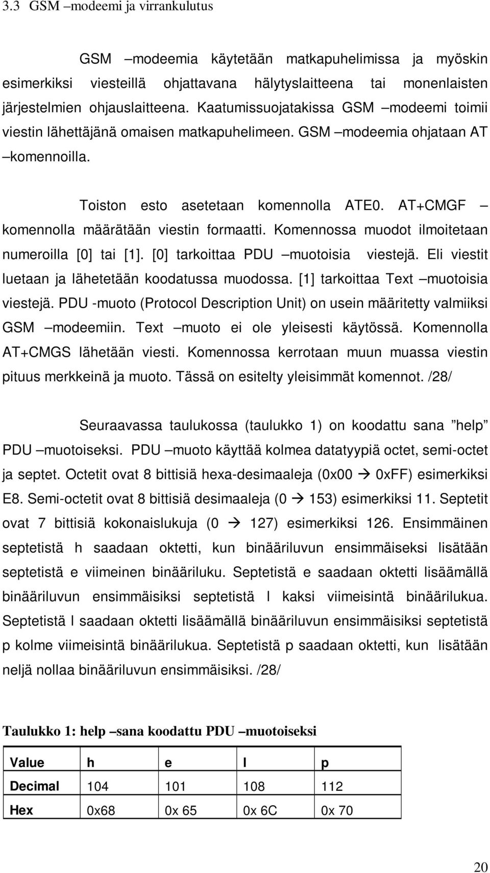 AT+CMGF komennolla määrätään viestin formaatti. Komennossa muodot ilmoitetaan numeroilla [0] tai [1]. [0] tarkoittaa PDU muotoisia viestejä. Eli viestit luetaan ja lähetetään koodatussa muodossa.