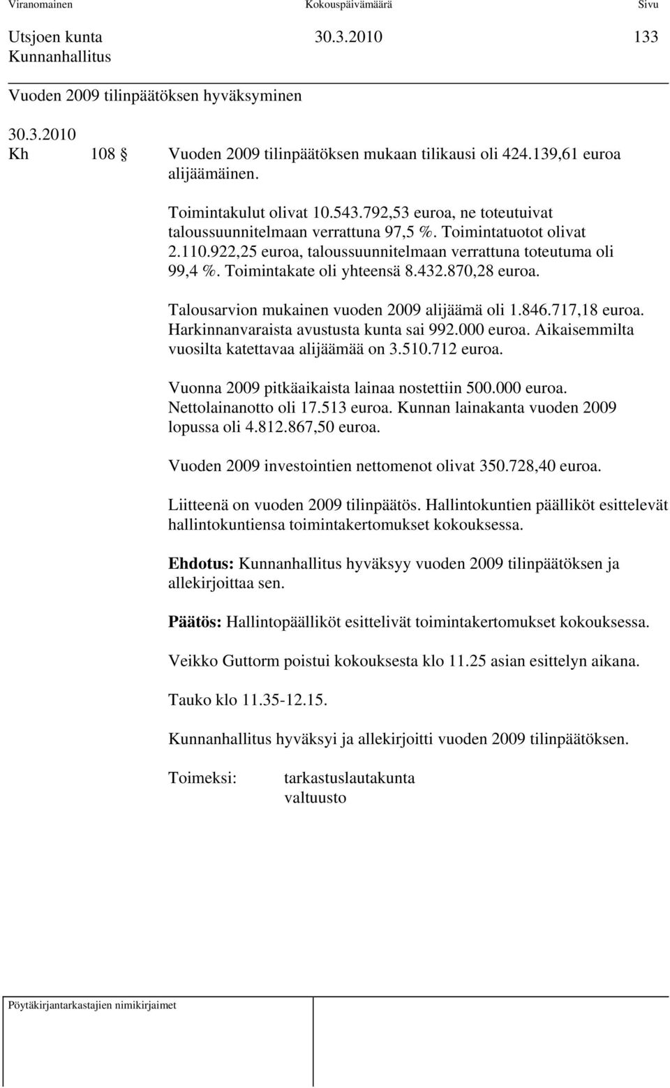 870,28 euroa. Talousarvion mukainen vuoden 2009 alijäämä oli 1.846.717,18 euroa. Harkinnanvaraista avustusta kunta sai 992.000 euroa. Aikaisemmilta vuosilta katettavaa alijäämää on 3.510.712 euroa.