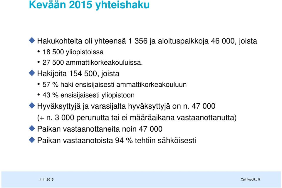 Hakijoita 154 500, joista 57 % haki ensisijaisesti ammattikorkeakouluun 43 % ensisijaisesti yliopistoon