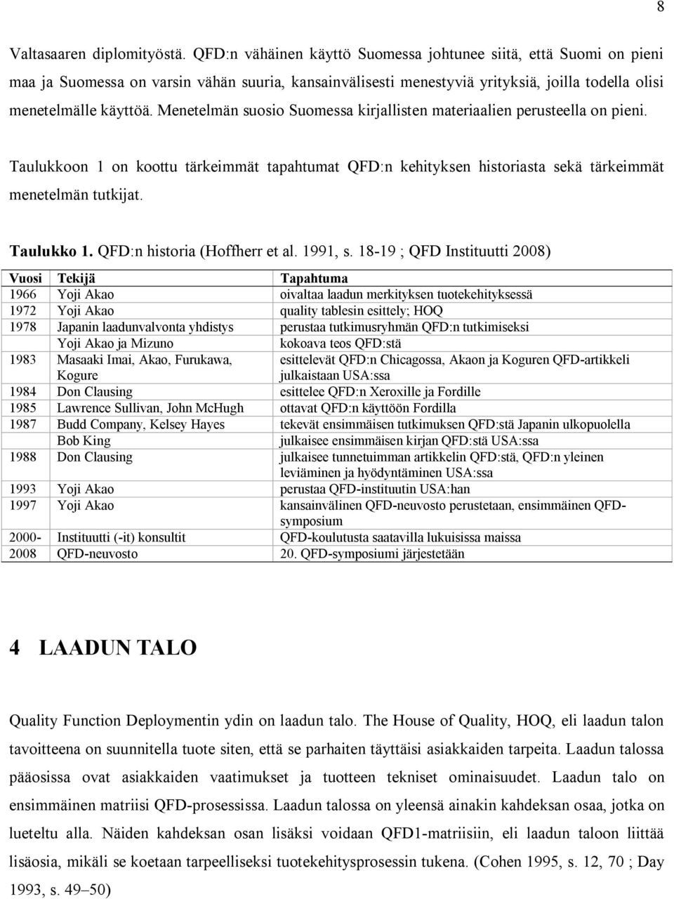 Menetelmän suosio Suomessa kirjallisten materiaalien perusteella on pieni. Taulukkoon 1 on koottu tärkeimmät tapahtumat QFD:n kehityksen historiasta sekä tärkeimmät menetelmän tutkijat. Taulukko 1.