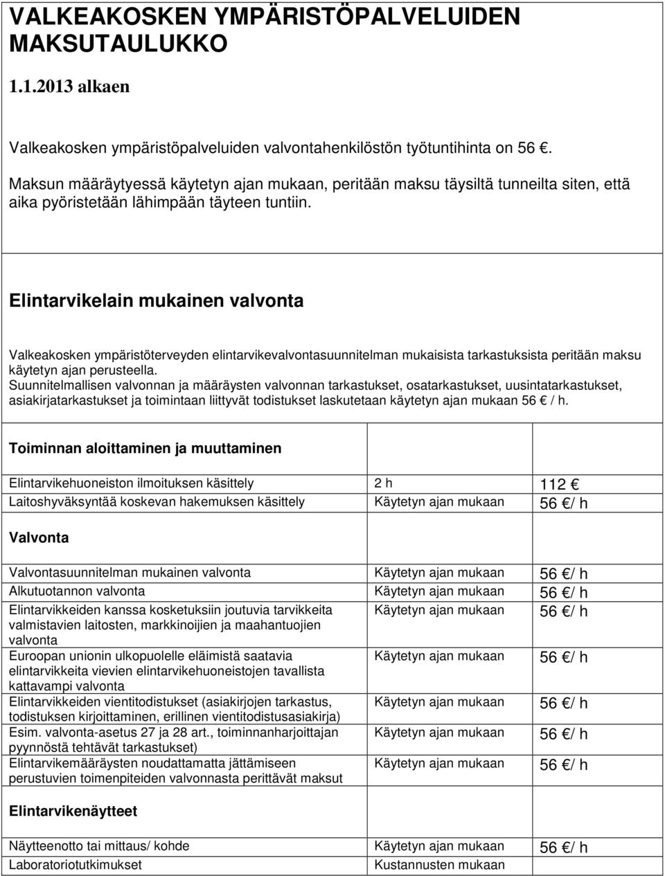 Elintarvikelain mukainen valvonta Valkeakosken ympäristöterveyden elintarvikevalvontasuunnitelman mukaisista tarkastuksista peritään maksu käytetyn perusteella.
