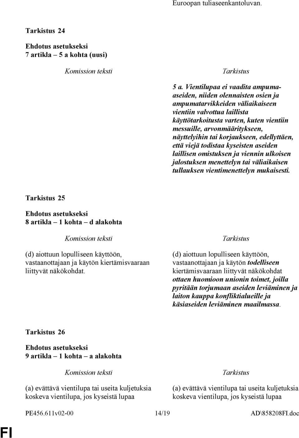 näyttelyihin tai korjaukseen, edellyttäen, että viejä todistaa kyseisten aseiden laillisen omistuksen ja viennin ulkoisen jalostuksen menettelyn tai väliaikaisen tullauksen vientimenettelyn