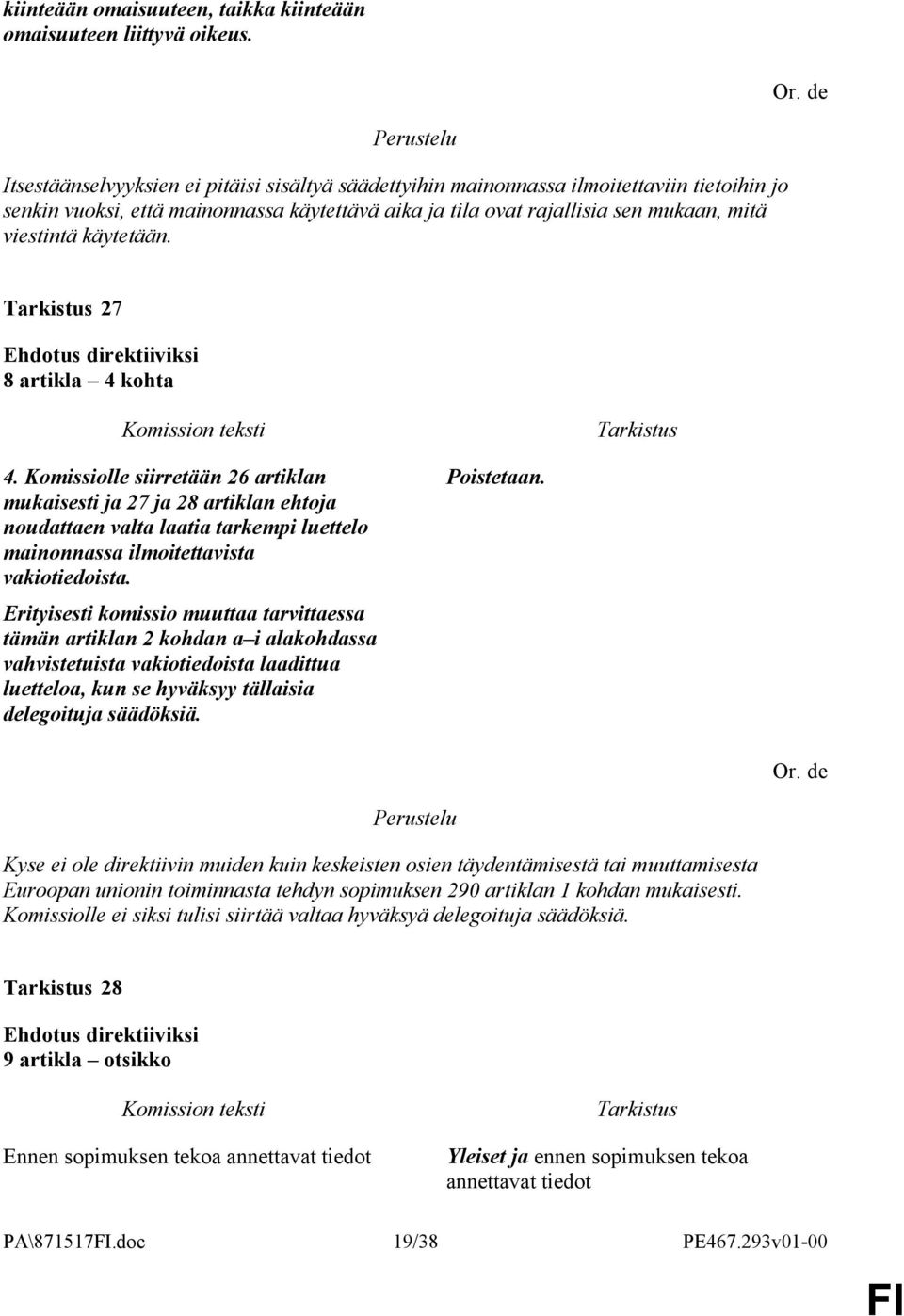 käytetään. 27 8 artikla 4 kohta 4. Komissiolle siirretään 26 artiklan mukaisesti ja 27 ja 28 artiklan ehtoja noudattaen valta laatia tarkempi luettelo mainonnassa ilmoitettavista vakiotiedoista.