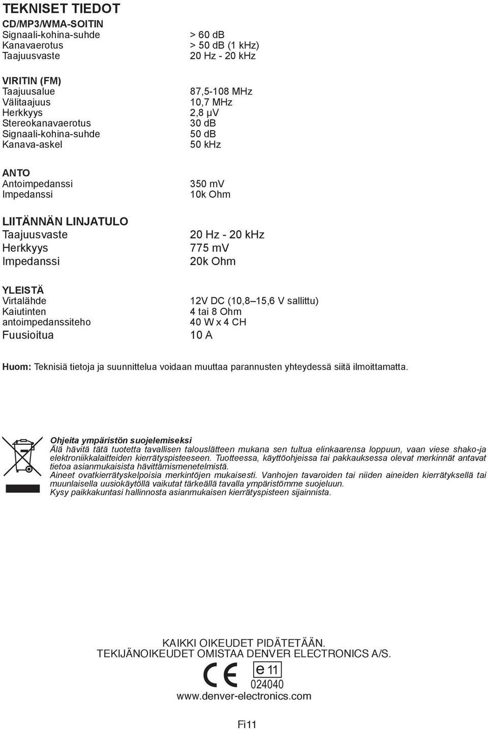 antoimpedanssiteho Fuusioitua 350 mv 10k Ohm 20 Hz - 20 khz 775 mv 20k Ohm 12V DC (10,8 15,6 V sallittu) 4 tai 8 Ohm 40 W x 4 CH 10 A Huom: Teknisiä tietoja ja suunnittelua voidaan muuttaa