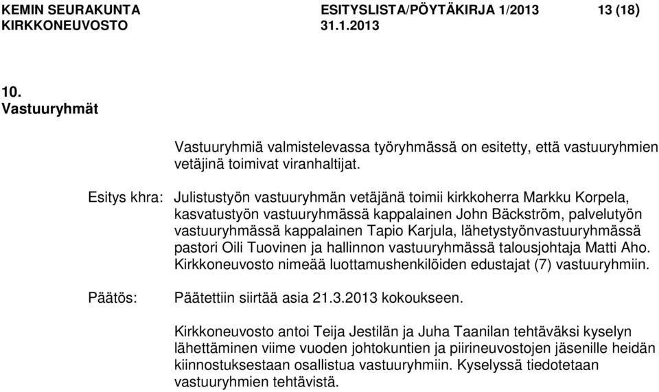 lähetystyönvastuuryhmässä pastori Oili Tuovinen ja hallinnon vastuuryhmässä talousjohtaja Matti Aho. Kirkkoneuvosto nimeää luottamushenkilöiden edustajat (7) vastuuryhmiin. Päätettiin siirtää asia 21.